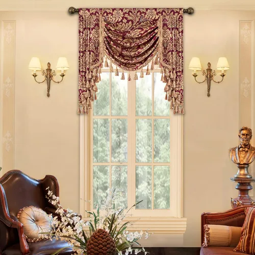 Miniatura 35 de Loom and Mill Cenefa de cascada de lujo de jacquard para sala de estar, elegantes cenefas de ventana con festones y cuentas damascadas, cortinas