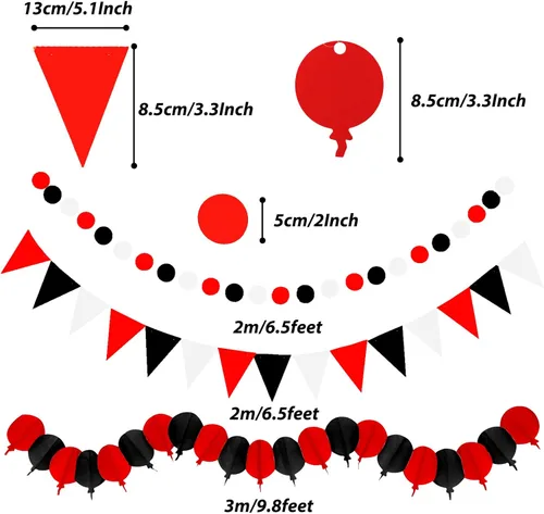 Miniatura 5 de ZERODECO - Decoraciones de fiesta, 41 piezas de abanicos de papel negros y rojos, pompones, guirnaldas, hilo, papel de seda y borlas para Negro Rojo