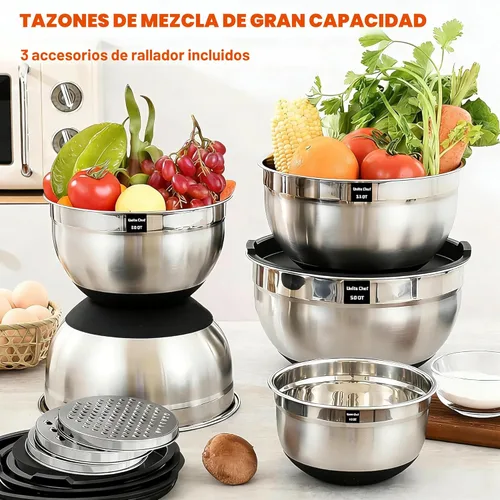 Miniatura 3 de Umite Chef, 26 piezas de juego de cuencos de acero inoxidable con tapas herméticas, 3 accesorios ralladores y fondo antideslizante negro, tamaño 7