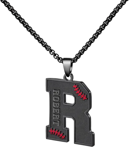 Miniatura 26 de Ldurian Collar personalizado con nombre de béisbol, cadena negra de acero inoxidable, collar con nombre deportivo, letra A-Z de 24 pulgadas, regalos