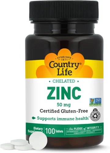 Country Life Zinc 50 mg, quelato de aminoácidos, 100 tabletas, certificado sin gluten, certificado vegano, verificado sin OMG