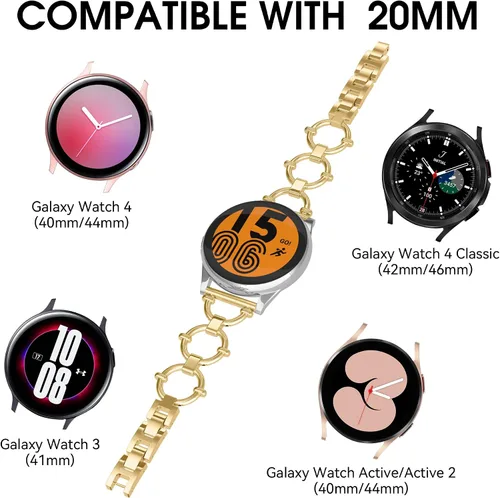 Miniatura 2 de Correa de metal de 0.787 pulgadas compatible con Samsung Galaxy Watch 4 y 5 de 1.575 pulgadas, 1.732 pulgadas, correa ajustable para mujer bonita