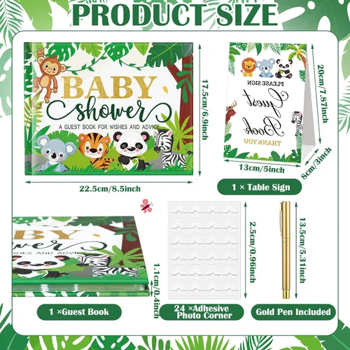 Miniatura 5 de Fuyoooo 27 piezas de libro de invitados para baby shower de safari en la jungla con tarjeta de lugar floral y sello de inicio de sesión para baby