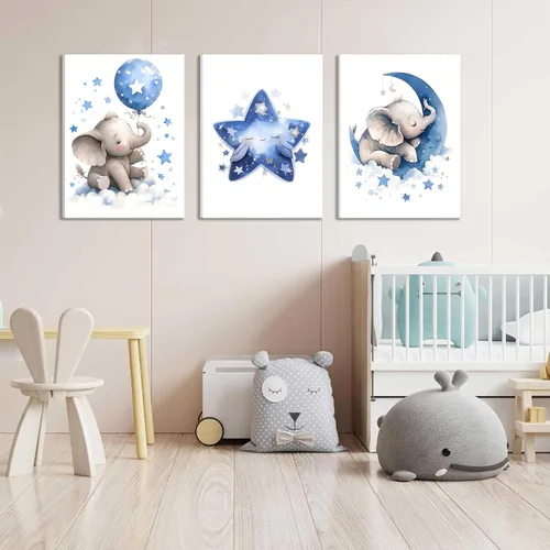 Miniatura 8 de Juego de 3 Arte de Pared en Lienzo para Cuarto de Bebé Niño, Pintura de Decoración de Pared con Imagen de Elefante Azul Luna y Estrellas, Lindos