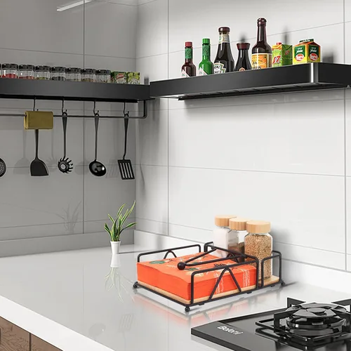 Miniatura 7 de Juego de 4 servilletas de metal con salero y pimentero, base de madera, moderno servilletero plano para mesa, decoración de mesa de cocina, cóctel