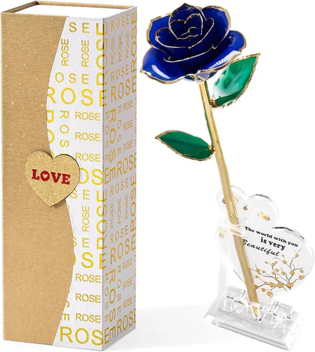 Mikasol Rosa Real Bañada en Oro de 24K Preservada para Siempre, 1 Paquete de Decoración de Flor Infinita Sumergida a Mano Regalo Romántico para Azul