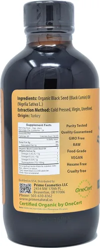 Miniatura 2 de Aceite de semilla negra orgánico Prime Natural 120 mL - Prensado en frío sin refinar, alto contenido de timoquinona 1.7%, certificado USDA - Origen