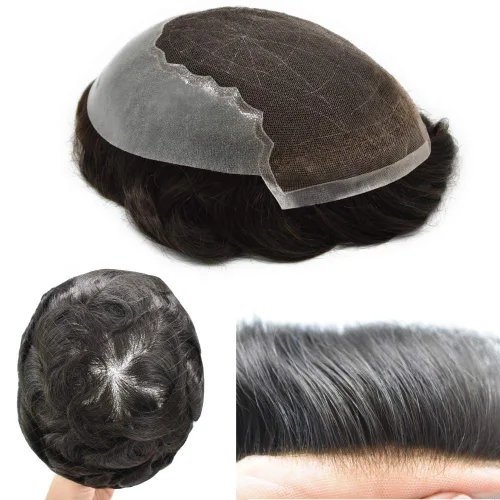 Miniatura 21 de Peluca de repuesto de cabello natural de poliuretano con encaje frontal para hombre (7x9 pulgadas, densidad de luz, 1B40# negro natural con 40% gris)