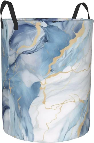 Miniatura 2 de Cesta circular con estampado de mármol blanco y azul, impermeable, cesta organizadora de lavandería, con asas, para ropa, juguetes, pequeña