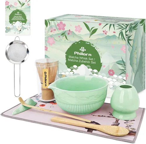 PHILORN Juego de batidores de matcha, 9 piezas de cerámica macha, juego de batidor y cuenco con boquilla, batidores, soporte, cuchara de bambú, Cian