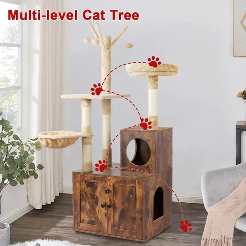 Miniatura 3 de Timberer Árbol para gatos con torre y caja de arena, refugio para gatos de madera 2-en-1 con poste de rascar de sisal, hamaca, marrón