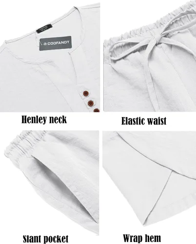 Miniatura 7 de COOFANDY Conjunto de 2 piezas de lino para hombre, camisa Henley de manga corta y pantalones capri harén, pierna ancha, holgados, pantalones de yoga