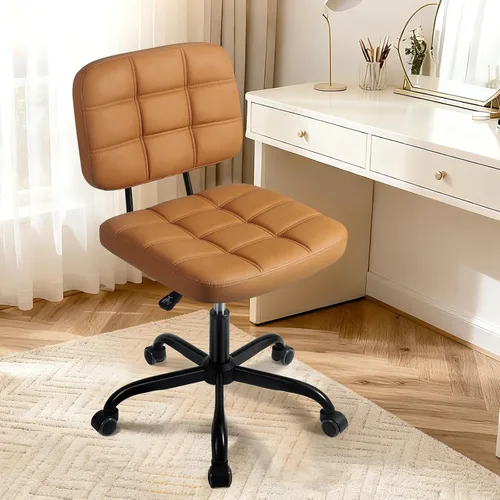 Miniatura 8 de Silla de escritorio de oficina en casa sin brazos – Pequeñas sillas giratorias de escritorio de oficina con ruedas – Silla de computadora de piel