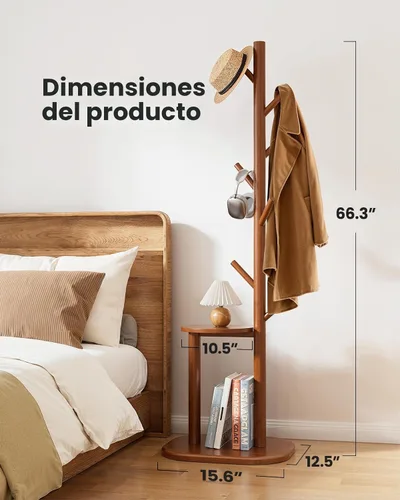 Miniatura 6 de Pipishell Perchero, árbol de pasillo independiente con 8 ganchos y estante de almacenamiento, base de madera maciza, perchero de 66.3 pulgadas