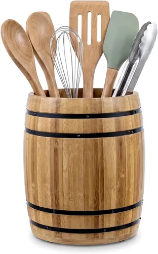 Miniatura 8 de MyGift Cántaro para Utensilios de Cocina Estilo Barril de Ron de Piratas de Madera Rústica Quemada, Soporte para Herramientas de Cocina