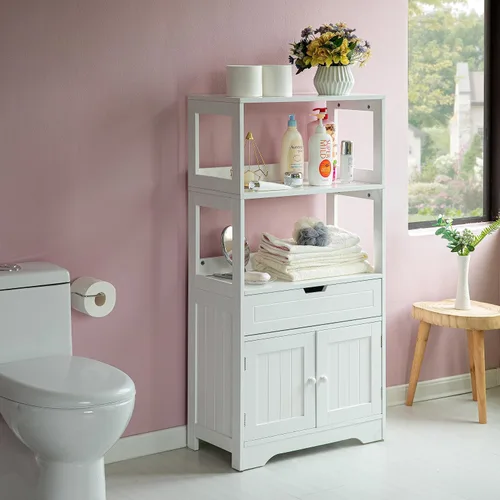 Miniatura 2 de Basicwise Tocador alto de almacenamiento de madera, despensa de cocina y organizador de armario de baño, con 2 estantes abiertos, un cajón y armario