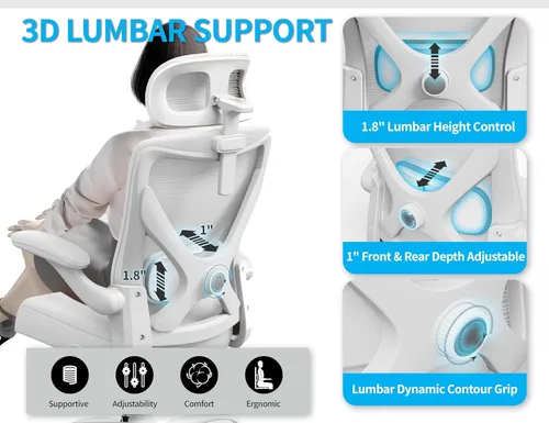 Miniatura 6 de Silla de oficina ergonómica blanca: Silla de escritorio de malla cómoda con soporte lumbar ajustable Silla de juegos de computadora de respaldo alto