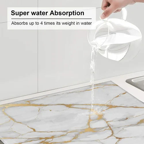 Miniatura 5 de Tapete de secado de platos de mármol blanco dorado para encimera de cocina, absorbente de 16 x 18 pulgadas, placa de microfibra de vidrio
