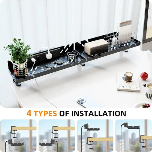 Miniatura 5 de Bandeja extendida de metal para organizar cables debajo del escritorio con toma de corriente, organizador de cables sin taladrar con abrazadera