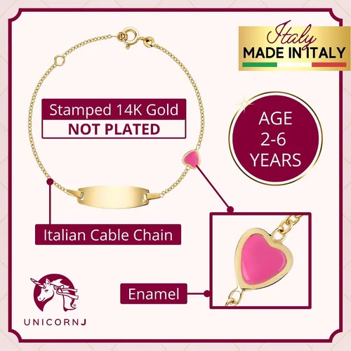Miniatura 3 de UNICORNJ Pulsera de identificación de oro de 14 quilates grabable para niñas, niños y bebés, pulseras personalizadas con nombre de cadena Figaro