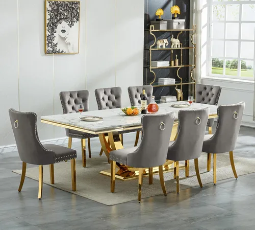 Miniatura 10 de Juego de mesa de comedor grande y moderna de mármol sintético blanco de 94.5 pulgadas, juego de mesa de comedor de 10 piezas con 10 sillas tapizadas