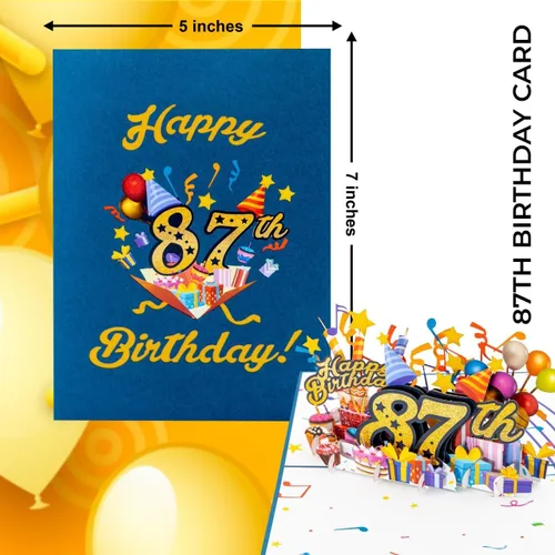 Miniatura 7 de iGifts And Cards Tarjeta desplegable 3D de feliz cumpleaños 87 – Diseño azul con números de purpurina, globos, pasteles y regalos – Tarjeta