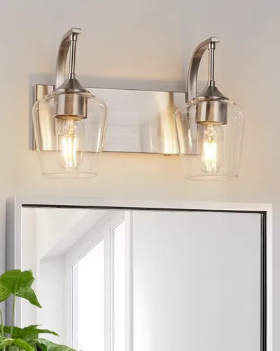 foucasal Accesorios de Luz de Baño de Níquel Cepillado Luz de Tocador de Baño con Pantalla de Vidrio Transparente, 2 Luces Modernas de Pared para