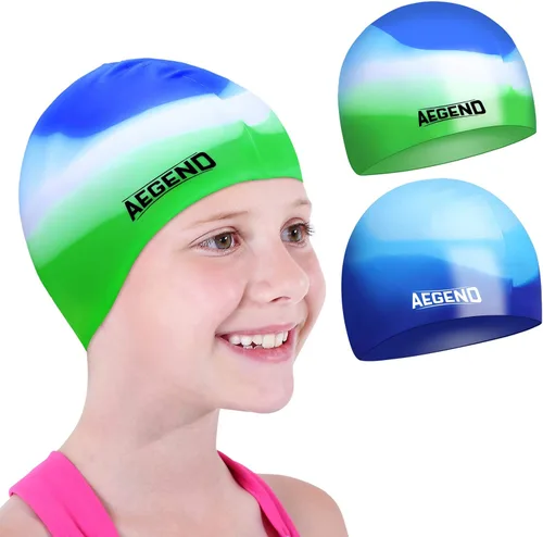 Miniatura 15 de Aegend Paquete de 2 gorros de natación para niñas y niños de 3 a 15 años, gorro de natación impermeable para niños, de silicona duradera