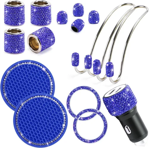 Miniatura 13 de ToBeQueen Juego de accesorios de automóvil con brillos para mujer y niña, collares para reposacabezas de automóvil con brillos, cargador