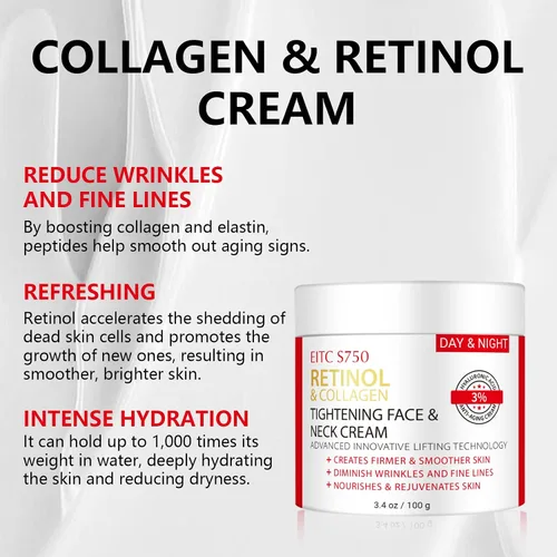 Miniatura 4 de Crema de retinol para cara, crema de cuello antienvejecimiento para tensar y reafirmar con colágeno y ácido hialurónico, crema hidratante facial