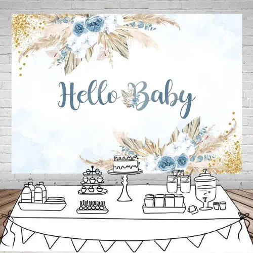 Miniatura 2 de Mocsicka Telón de fondo bohemio para baby shower para niños, tema de Hello Baby Boho Chic Flores Azules, Fondo de fotografía Bohemio Baby Shower