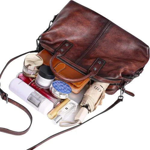 Miniatura 6 de Iswee - Bolso de hombro de cuero genuino, bolso tote con diseño de morral, con asa superior, bolso de gran capacidad, bolso cruzado