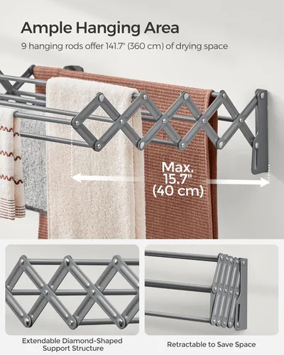 Miniatura 4 de SONGMICS Estante de Secado de Ropa, Estante de Secado de Ropa Montado en la Pared, Pequeño Estante de Ropa Acordeón, 9 Varillas Colgantes Gris paloma