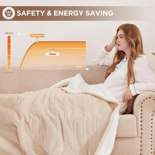 Miniatura 3 de Westinghouse - Manta eléctrica con calefacción, suave manta de franela a sherpa con 6 niveles de calefacción, configuración de tiempo de 2-10 horas
