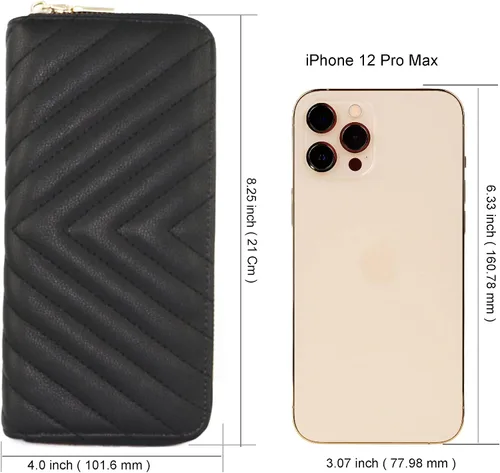 Miniatura 5 de Cartera de piel vegana con doble cremallera y correa de sujeción de mano, Chevron Bordado Negro
