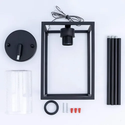 Miniatura 8 de VILUXY Luces Colgantes Negras Isla de Cocina Granja Vidrio Granulado 1-Luz Lámpara Colgante Comedor Accesorios Jaula de Metal Luces Colgantes