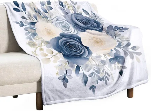 Miniatura 45 de Manta de flores de acuarela azul marino, bohemias, manta de acuarela floral con coronas de rosas y hojas de peonías, lujosa, cálida y acogedora