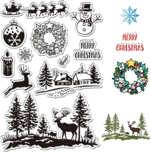 Miniatura 9 de CRASPIRE Sellos de goma transparente de Navidad para casa de invierno, bosque, copo de nieve, alce, muñeco de nieve, trineo, sellos de silicona