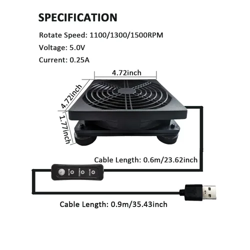 Miniatura 4 de Ventilador de enrutador de PC alimentado por USB de 4.724 in y 5 V con controlador de velocidad, ventilador de enfriamiento de alto flujo de aire