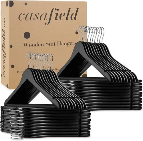Miniatura 6 de Casafield - 40 Perchas de Madera Negra para Trajes - Madera de Loto Premium con Muescas y Gancho Giratorio Cromado para Ropa de Vestir, Abrigos