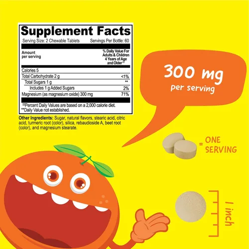 Miniatura 2 de VitaWorks Tabletas masticables de magnesio para niños, suplemento de óxido de magnesio de 300 mg para relajación muscular y sueño, sabor naranja