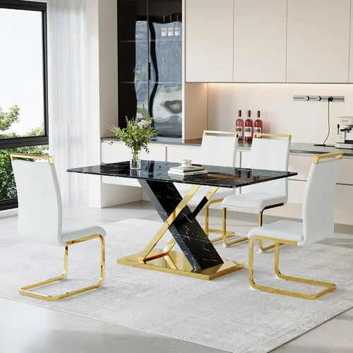 Miniatura 20 de YUNDREAM - Juego de mesa de comedor moderna de mármol para 4, mesa de comedor de oro negro de 63 pulgadas con marco cromado en forma de X y sillas
