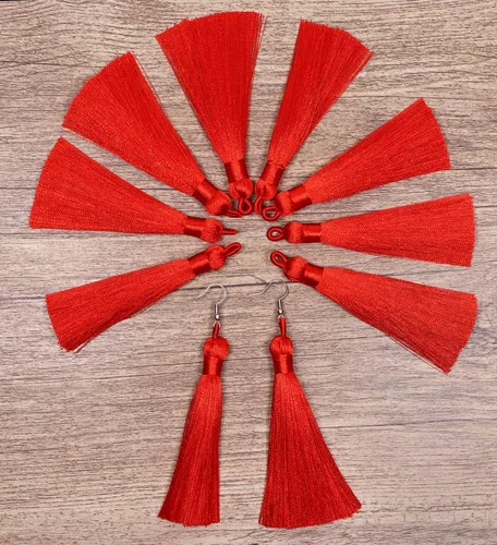 Miniatura 4 de Tupalizy 10 borlas suaves y sedosas hechas a mano con lazo para colgar marcapáginas, llaveros, aretes, pulseras, fabricación de joyas, recuerdo, Rojo