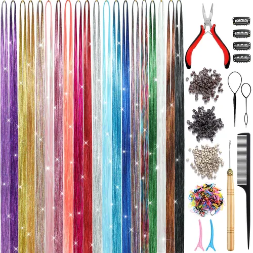 Kit de Oropel para Cabello (20 Colores, 4400 Hebras, 48 Pulgadas) Kit de Extensiones de Cabello de Oropel Brillante con Herramientas, Extensiones de
