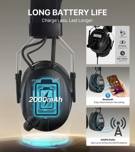 Miniatura 6 de Bluetooth 5.4 AM/FM Radio Hearing Protection Earmuff, 25dB NRR Rechargeable for Mowing, Construction, Chainsaw