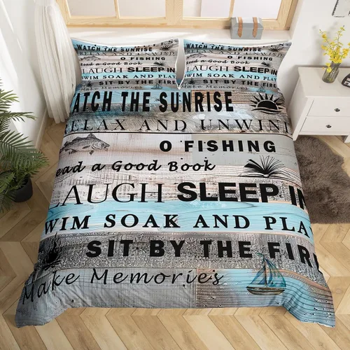 Miniatura 11 de Erosebridal Juego de ropa de cama individual con diseño de peces de lubina, la vida es mejor en el lago, funda de edredón para niños y niñas, funda