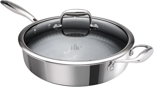 Hell's Kitchen Sartén híbrida Tri-Clad de 4 cuartos de galón con tapa, antiadherente, resistente a los arañazos, mango ergonómico, apto para