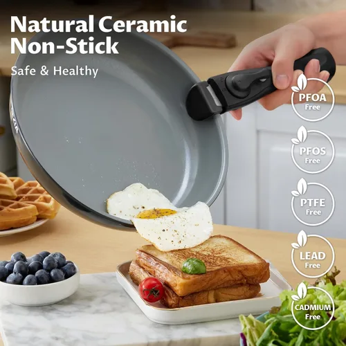 Miniatura 2 de BEZIA Utensilios de cocina de inducción con revestimiento de cerámica saludable, juego de ollas y sartenes antiadherentes, 10 piezas con asas