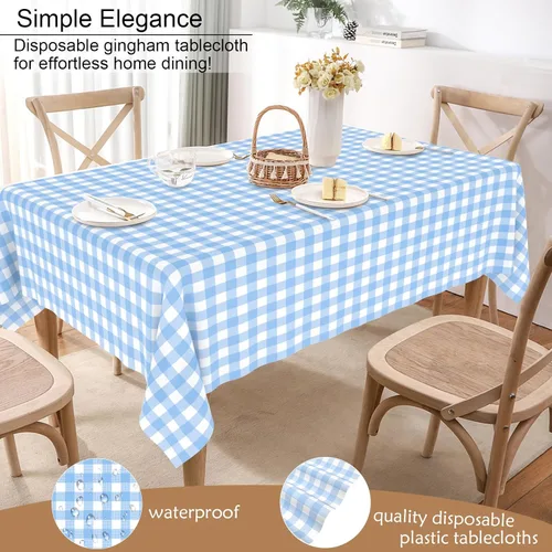 Miniatura 8 de 3 manteles desechables de plástico a cuadros color azul claro para fiestas, desechables, impermeable, rectangular, color azul, para campamento, Azul