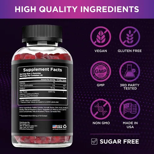 Miniatura 4 de Effective Nutra Gomitas de cardo mariano Extracto de cardo mariano sin azúcar, 1000 mg para desintoxicación hepática y apoyo antioxidante, vegano